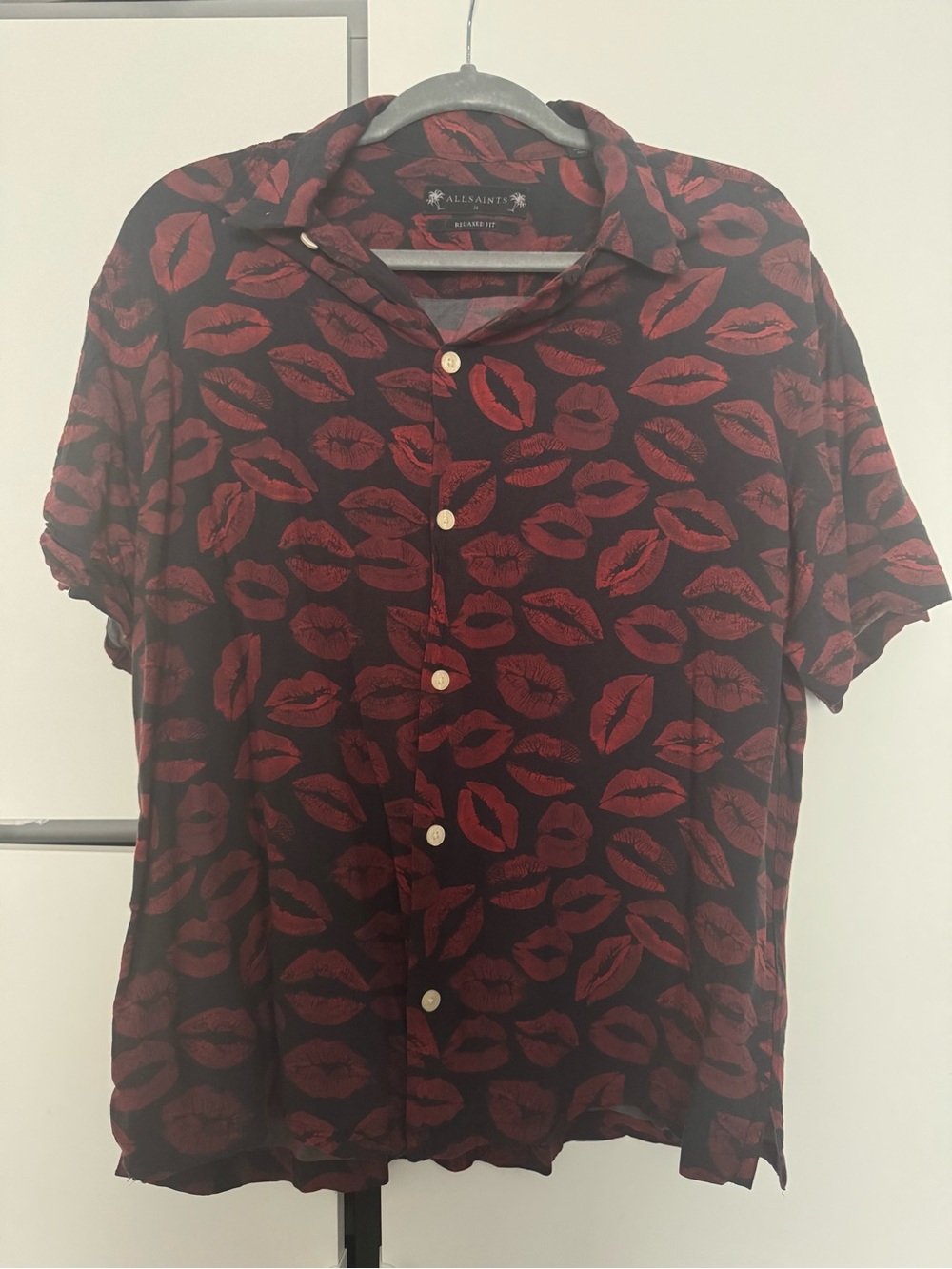 All Saints Men's Black Short-Sleeve Button-Down with Red Lip Print